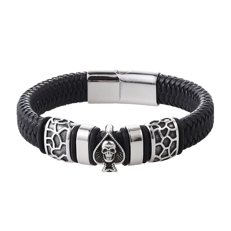 Stainless Steel Charm Men's Leather Cord Bracelet
