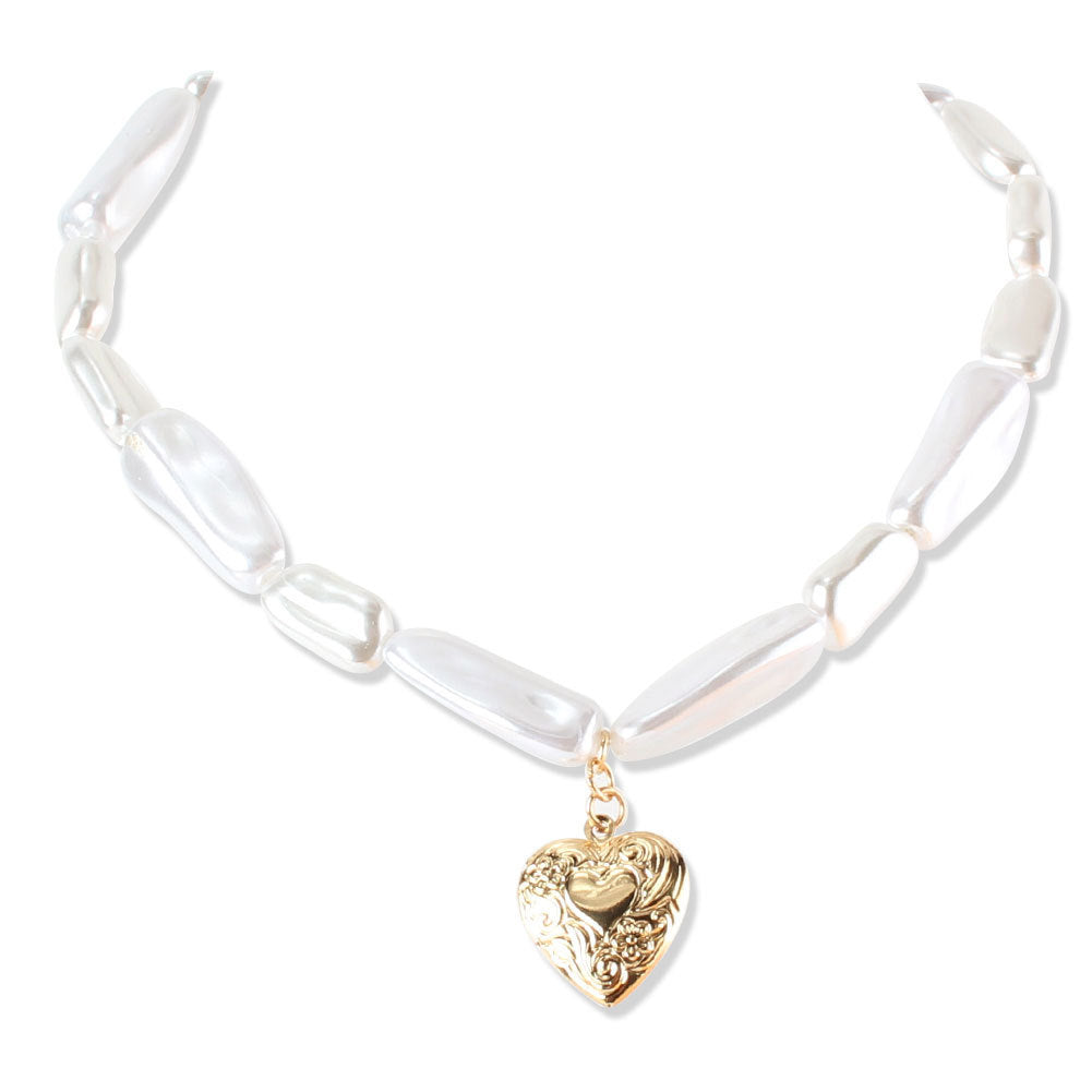Timeless Gold Heart Pendant Pearl Necklace - Glöd of Sweden