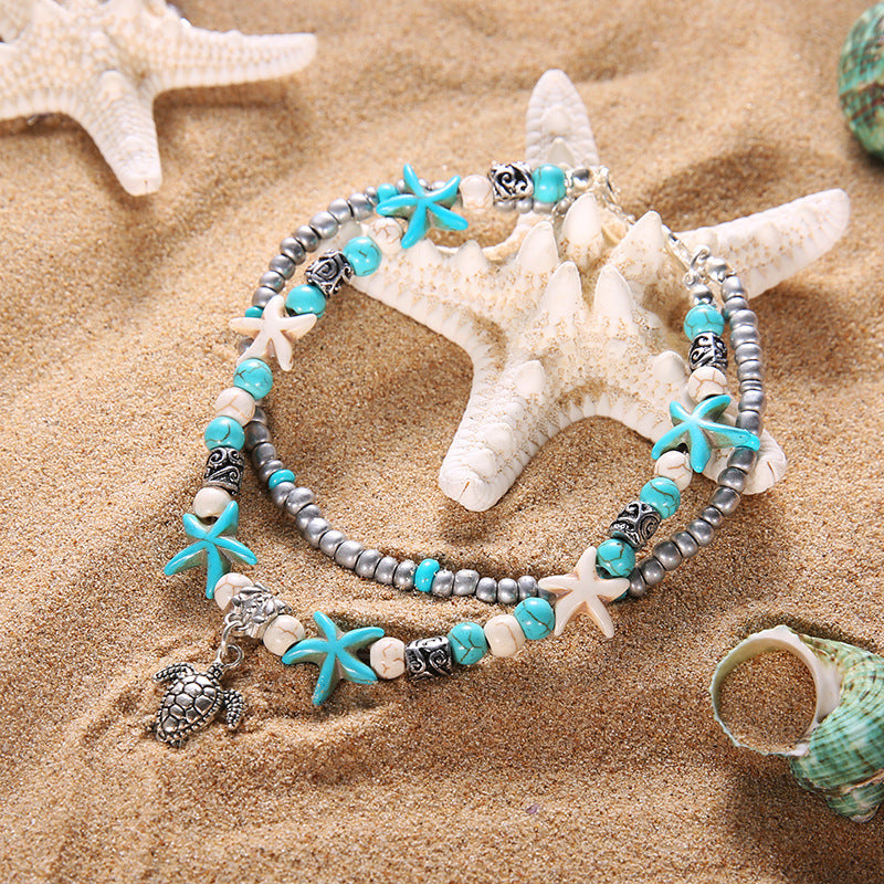 Beach Anklet with Sea Turtle & Starfish Charms - Glöd of Sweden
