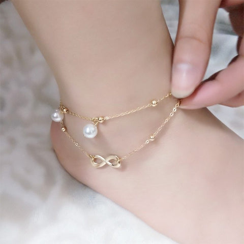 Double Layer Pearl Anklet Women Handmade Beaded Double Chain Anklet