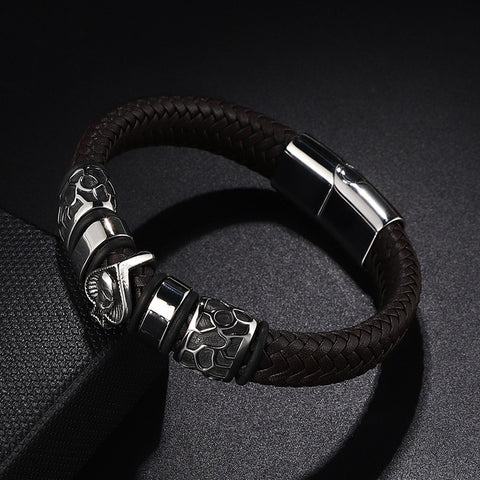 Stainless Steel Charm Men's Leather Cord Bracelet