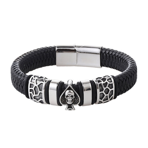 Stainless Steel Charm Men's Leather Cord Bracelet