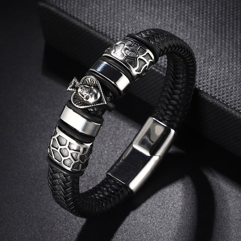 Stainless Steel Charm Men's Leather Cord Bracelet