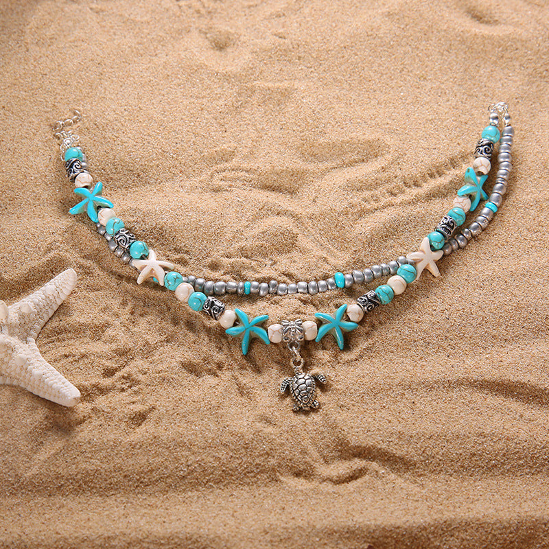 Stylish Beach Anklet with Sea Turtle & Starfish Charms - Glöd of Sweden