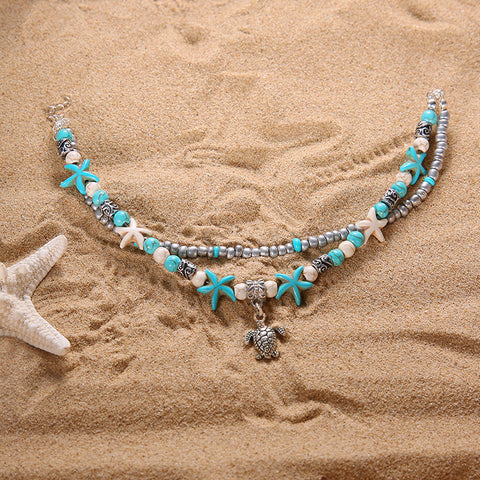 Stylish Beach Anklet with Sea Turtle & Starfish Charms - Glöd of Sweden