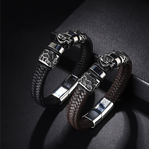 Stainless Steel Charm Men's Leather Cord Bracelet