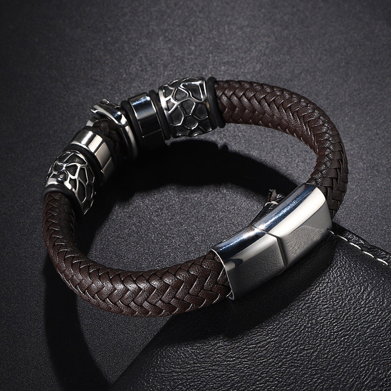 Stainless Steel Charm Men's Leather Cord Bracelet