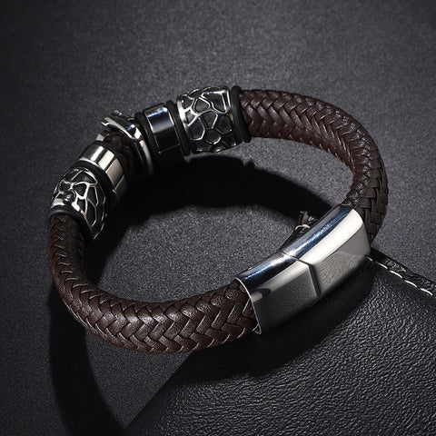 Stainless Steel Charm Men's Leather Cord Bracelet